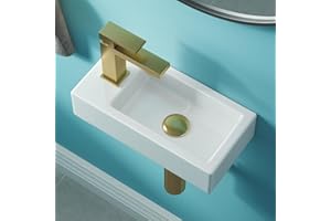 TEAL HOME Lavabo, lavabo piccolo, lavabo per WC ospiti, lavabo sospeso per bagno, mini lavabo in ceramica, foro per rubinetto a sinistra, Senza valvola di scarico a scomparsa, 37 x 18,5 x 9 cm