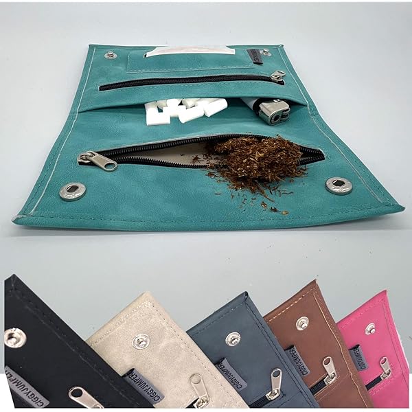 Porta Tabacco In Pelle Ciggy Jumper | Con Scomparto Per Filtri E Cartine | Tasca Con Cerniera | Look Usato Turchese - Foto 3