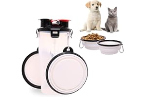 MOUHIV 2-en-1 Chien Bouteille d'eau Distributeur de Nourriture avec 2 Pliable Gamelles pour Chiens, Étanches Mangeoire pour Chien pour Chat et Chiot Extérieur voyageant Marchant Randonnée Camping, Blanc