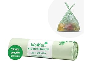 bioMat Sac Poubelle Compostable 20l avec Poignée, 26 Sacs, Qualité Supérieure, Certifié DINplus, Climatiquement Neutre, Fabriqué en Allemagne