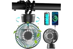 AIDSCI 120° Oscilante Ventilador para Cochecito Bebe, 10000 mAh Ventilador USB Portatil - 40 Horas, Silencioso Mini Ventilador de Mesa 3 Niveles, luz LED, Camper Recargable Ventilador Pinza de Cuna, Ø13.5cm