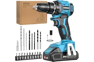 Taladro Atornillador Batería Sin Escobillas, LEEIKOO Atornillador Electrico con 2.0Ah Batería, 45N.m Taladro Inalámbrico, 21 Ajustes de Par, 20 Accesorios, 2 Velocidad, Luz LED Para Bricolaje, Azul