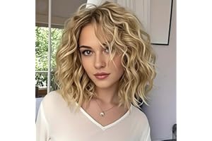 Webshaiy Honey Blonde Perücke Damen Schulterlange Lockige Gewellte Gestufte Bob Perücke mit Pony, Echter Spitzenkopfhaut Synthetische Perücken für Dünnes Haar/Grauabdeckung Täglichen Gebrauch