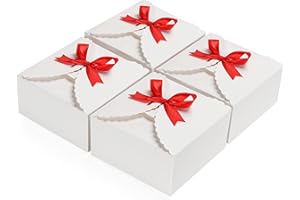 BELLE VOUS Belle You białe pudełko prezentowe z popękanego papieru kraft z czerwoną wstążką (zestaw 50 sztuk) - kwadratowe pudełko kraft, 12 x 12 x 6 cm, małe pudełka prezentowe na święta, urodziny, wesela