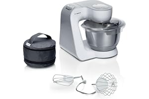 Bosch Serie 4 Planetaria Impastatrice MUM58200, 1000 W, Capiente Ciotola in Acciaio Inox da 3,9 L, 7 Livelli di Velocità, Fruste e Gancio Inclusi, Accessori Lavabili in Lavastoviglie, Bianco, Argento