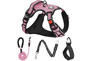 NESTROAD Dog Harness Large Dog Lead Set Pink Size L for Dogs Large with Neck Circumference 38 ~ 48 cm Chest Circumference 48 ~ 74 cm, Includes Chest Harness, Dog Lead and Dog Seat Belt Car