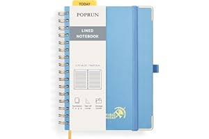 POPRUN Quaderno a Spirale con Righe, Taccuino Classica A5 con Copertina Rigida, 141 Pagine Numerate e Etichette Autoadesive, Carta Spessa 120 GSM, Blu Foschia (HB)