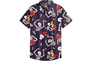 Mainfini Men Halloween Shirt Jack O’ Lantern Short Sleeve Button Up Shirt (S-3XL)