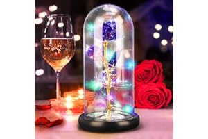 DASIAUTOEM - Rosa artificiale sotto campagna di vetro, di seta, con illuminazione LED, base in legno, modello “la bella e la bestia”, regalo romantico adatto per la festa della mamma, anniversario di
