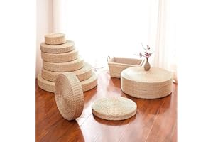 QUINCRY Tatami Floor Round Cushion for Floor Seating, Handmade Rattan Woven Picnic Pillow to Sit for Ground Outdoor, Bohemian Meditation Japanese Floor Cushion (Primary color, 19.69*2.36inch(50*6cm))