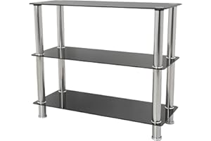 mahara 3 Tier Chrome Effect Black Glass Shelving Unit - Tempered Safety Glass Shelves Max 7kg Each - Storage Unit W90cm x D36cm x H76cm - Bedroom Storage/Living Room Accessories/Home Accessories