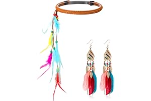 Otuuz 2 Pieces Bohemian Feather Headband Feather Earrings for Women Indian Hippie Headband Tassel Bohemian Earrings Feather Headpiece Boho Dangle Earring for Women Girls Carnival Party Accessories