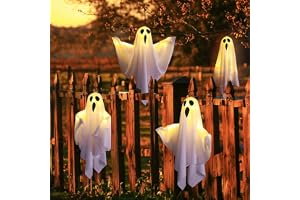 4PCS Hanging Ghost Decorations, Cute & Spooky Halloween Lights Up Ghost, Adjustable Arms, with Led Lights, Halloween Outdoor