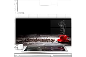 URBO ART – HOME DESIGN Crédence de cuisine en verre - 120x60 cm - Protection contre les éclaboussures - Derrière plaque de cuisson, Planche à découper - Motif: Tasse rouge avec du café