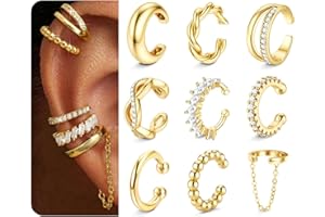 Morfetto Ear Cuff No Piercing for Women 14K Gold Plated Clip On Earrings for Non Pierced Ears - 9 Pcs Stack Non Tarnish Fake Cartilage Earrings