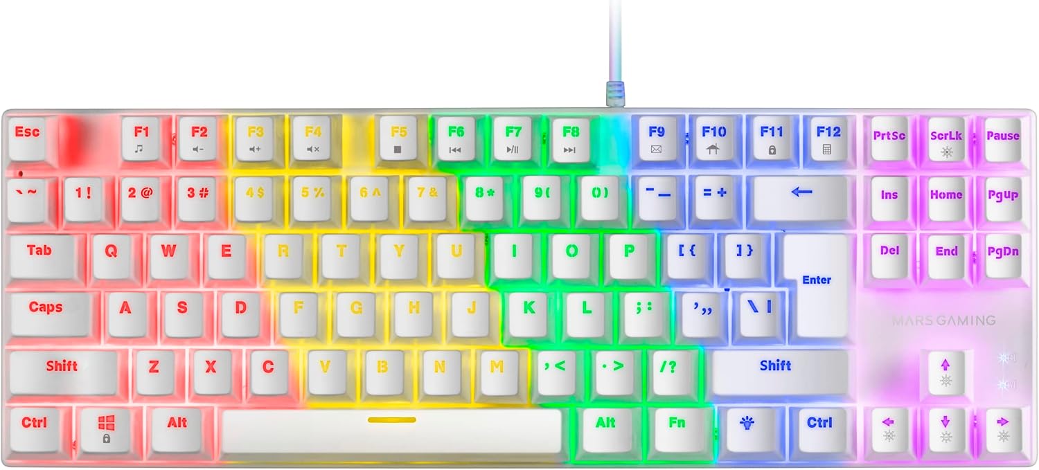 Mars Gaming MK80, Idioma US, Teclado Gaming Mecánico TKL Compacto con Switch Azul, Iluminación Rainbow RGB, Teclas Doble Inyección, Modo Juego y Anti-Ghosting, Multiplataforma, Blanco