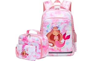 Vanwilit Girls School Bag Mermaid Backpack Water Resistant Lightweight Primary School Bag Sets with Lunch Bag & Pencil Case 3 in 1 Teens Kids Bookbag Girls Rucksack (Pink Mermaid)