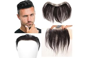 OUBFUUY Hair Men's Hairline Toupee Black Hair for Frontal Hairpiece 100% Human Hair M-Shape Topper Hairpiece Pu Thin Skin (6.3X0.6Inch)