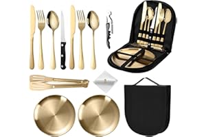 TFSZE Zestaw naczyń kempingowych dla 2 osób, 13-częściowy, przenośne, pogrubione, ze stali nierdzewnej, na kemping, piknik (złote)