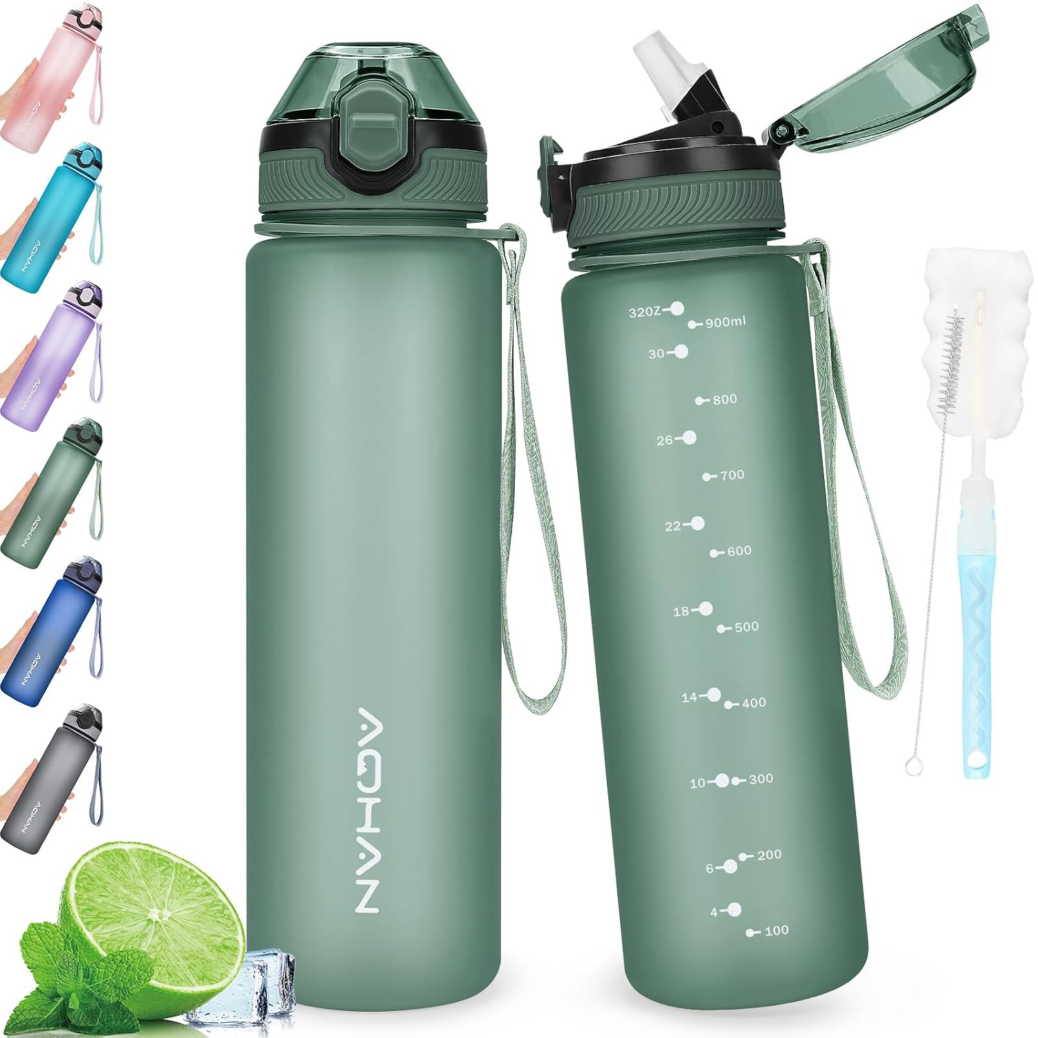 AOHAN Waterfles van 1 liter met lekvrije klapdeksel, BPA-vrije sportdrinkfles met rietje, vaatwasmachinebestendig, niet-giftige waterfles met draagriem