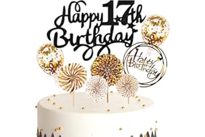 Cymeosh Tortendeko 17. Geburtstag Mädchen Jungen, Kuchen Topper Happy 17th Birthday Schwarz Gold, Glitzer Kuchen Deko Geburtstag Ballon Konfetti für Geburtstagstorte Deko 17 Jahre Kinder
