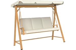 ‎OUTSUNNY Outsunny Hollywoodschaukel mit verstellbarem Sonnendach Sitzauflage, Holzoptik 3-Sitzer Gartenschaukel belastbar bis 330kg, Schaukelbank für Garten, Terrasse 198 x 120 x 170cm, Beige