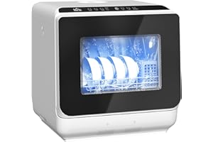 HOMCOM Mini lave-vaisselle compact 4 couverts, lave-vaisselle de table avec 6 programmes, réservoir 6L, écran LED, double alimentation en eau, commande tactile, départ différé et séchage à l'air blanc