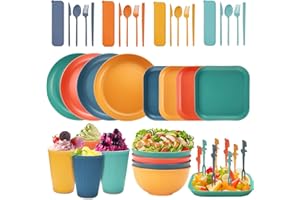 PROBUK Vajilla Camping 48 Piezas, Platos de Plástico Duro Reutilizables, Set Picnic con Plato, Cuenco, Cuchara y Taza, Ideal para Familia, Aire Libre y Viajes - 4 Personas