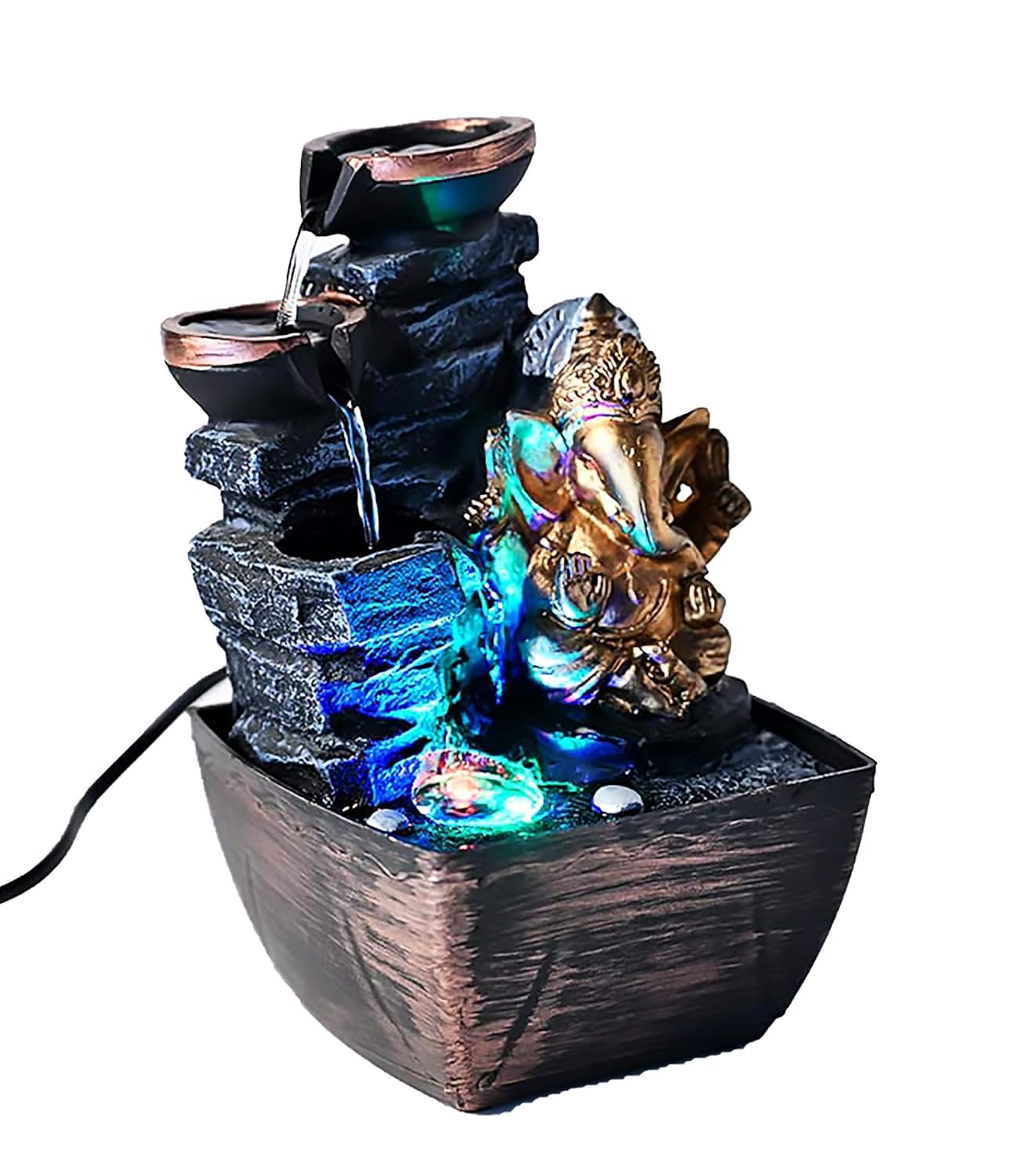 Decor Bazar Elegant Table Top Indoor Outdoor Water Fountain of Lord Ganesha with Led Lights for Living Room, Table Decor, Bed