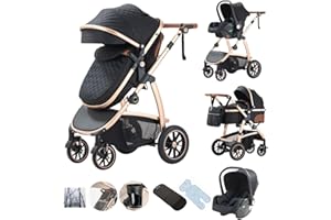 Kakbgee - Cochecito combinado 3 en 1, cochecitos con asiento de coche ECE R129, cochecito de paseo ajustable en altura, capazo flexible convertible marco de aluminio para recién nacidos 0-4 años
