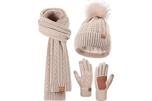 FISFET Mütze, Schal & Handschuh-Sets für Damen, Beanie Mütze Damen Winter mit Bommel Fleece Gefütterte, Touchscreen Handschuhe Schal Wärmer Cap 3 in 1 Set