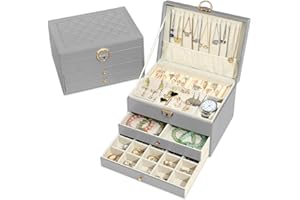 Granbest 3 Layers Jewellery Box with 2 Drawers, Elegant Jewellery Organiser, Leather Jewellery Storage Case Ideal for Necklaces, Bracelets, Rings and Earrings (Grey)