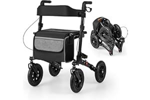 COSTWAY Chodzik z oponami pneumatycznymi, składany i lekki, z siedziskiem, aluminium, do 140 kg, wózek inwalidzki i solator podróżny 2 w 1, pomoc w chodzeniu z 7-stopniową regulacją wysokości, wózek z