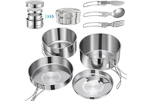 BILIPLE Garnki Zestaw Camping 7 Sztuk Stali Nierdzewnej Kuchenka Camping Składane Sztućce - Garnki Kemping Kit Kuchnia Camping Piesze Wycieczki