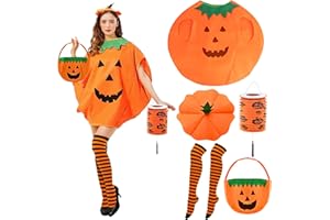 Cheloveer 5PCS Kürbis Kostüm Damen, Kürbis Kostüm Erwachsene Mit Kürbishut Candy Bag Kürbis Overknee Socken Kürbislaterne, Kürbis Kostüm Mädchen, Halloween Kostüm Kürbis Damen Karneval Party