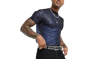 AIEOE Męska koszula siatkowa z krótkim rękawem, brokatowa, przezroczysta koszulka, z siatką na mięśnie, seksowna siatka, koszulka z krótkim rękawem, do klubu, na lato, górna część siatki, duży rozmiar S -