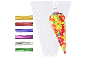 FRENDOUR 100pcs Sweet Cones Bags,Sweet Cone Bags with 100pcs Colorful Ties and 100pcs Golden Ties,Triangle Clear Bag for Goods Packaging of Birthday and Other Festivals(30 * 16cm)