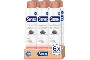 Sanex Mineral Protect Desodorante Spray, Pack 6 Uds x 200ml, Protección 48H contra el Mal Olor, con Piedra de Alumbre, 0% Alcohol, Sin Alérgenos ni Colorantes, Piel Sensible