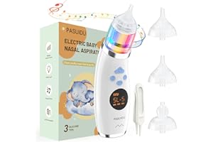 Baby Nasal Aspirator, PASUIDU IPX6 Waterproof Electric Baby Nose Sucker with 5 Suction Levels and 3 Silicone Tips, Rechargeable Nose Cleaner Built-in Music & Lights for Newborns, Infants Toddlers