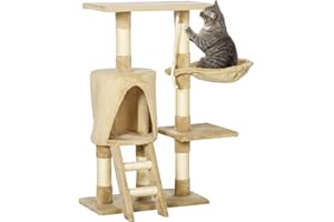 Pawhut Árbol para Gatos Rascador con Nido Plataforma Caseta Escalera Cuerda de Juego 30x55x96cm Tablero de Madera y Cubierto de Felpa Marrón