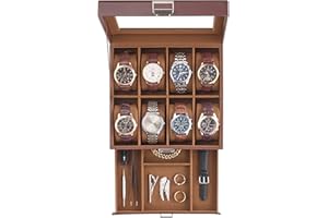 ProCase Boîte à Montres à 2 Niveaux avec Couvercle Transparent, 8 Compartiments et 1 Tiroir, Coffret de Rangement pour Montres, Bagues, Bracelets -Marron