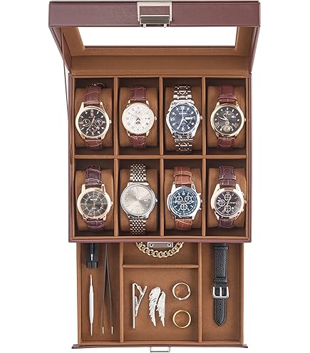 BEWISHOME Hoogwaardige horlogedoos, houten horlogekast met 6 sleuven en groot glazen deksel, luxe horlogeopslag, horlogeorganizer voor mannen, horlogevitrine, bruin ESSH06Y