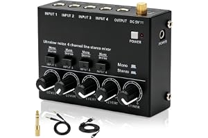Ljudmixer, 4-kanals stereoljudmixer, mini-ljudmixer, ljudmixer-panel med 6,35 mm ljudkabel och 3,5 mm till 6,35 mm-adapter för mikrofoner, bas, gitarrer, tangentbord