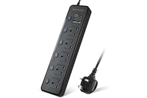 BOCHLION Extension Lead with 6 USB Slots, 5 Way Plug Extension Socket Surge Protection Power Strip with PD30W USB C Slot, Independent Switches and 2M Extension Cord Wall Mounted for Home Office-Black