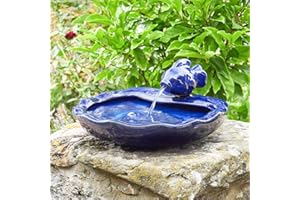 Festive Lights Fontaine de jardin solaire en céramique de 37 cm avec finition bleue émaillée – Fontaine de jardin extérieure, IP44, résistante aux intempéries – Autonome, installation facile, câble de