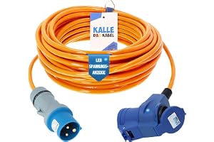 KALLE DAS KABEL CEE-förlängning 230 V 16 A - H07BQ-F 3G 2,5 mm², CEE-kontakt till CEE-vinklat uttag med Schuko-uttag och LED-spänningsindikator, IP44, orange signal, camping, husvagn 5 m