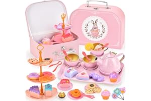 ZUSUZU Set da tè per Bambini,46PCS Set da tè Giocattoli con Dessert Giocattoli,Alzata per Dolci,Valigia Coniglio Giocattolo,Tea Party Finta di Giocare,Servizio da tè in Lattaa Regalo Bambina 3-8 Anni