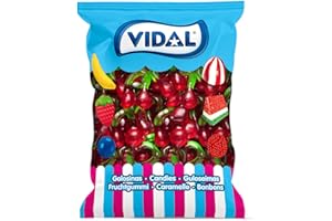 Vidal Golosinas. Cerezas Gigantes. Gominolas en forma de cereza tamaño XL con sabor auténtico a cereza, textura brillante y blandita. Sin gluten ni grasa. Bolsa 1 kg