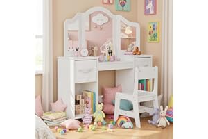 Clevich Kids Vanity Table and Chair Set, 2-in-1 Girls Vanity Set with Removable Mirror & Stool, Princess Toddle Makeup Table with Storage Box, Wooden Desk for Kids (White)