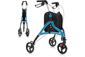 HOMASIS Déambulateur Pliable à 3 Roues en Aluminium Léger, Aide à la marche Hauteur Réglable, Rollator avec Sac de Rangement pour Tous Types de Terrain pour Personnes Âgées, Handicapées (BLEU)